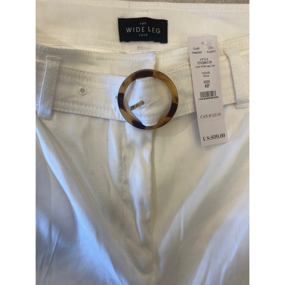 White House Black Market Linen Wide Leg Crop Pants White Belted 8P‎ 570286130